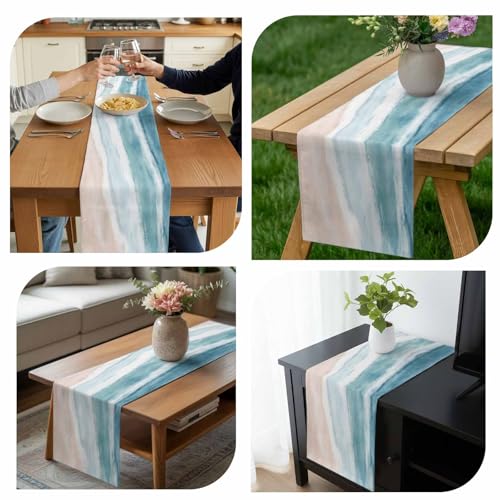 Ombre Coastal Table Runner 36 Inches Long,Summer Ocean Beach Beige Cotton Linen Table Runners Dresser Scarves,Gradient Blue Waves Fabric Tabletop Scarf Furniture Cover for Home Dinner Party 13"x36" - color: Light Blue Green Beige, size: 13x36 Inches