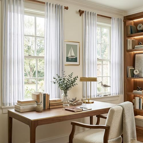 Vangao Striped Curtains Blue on White Semi Sheer Curtains 63 Inches Long - color: Shadow Striped| Blue on Off White, size: 50"W x 63"L (Pack of 2)