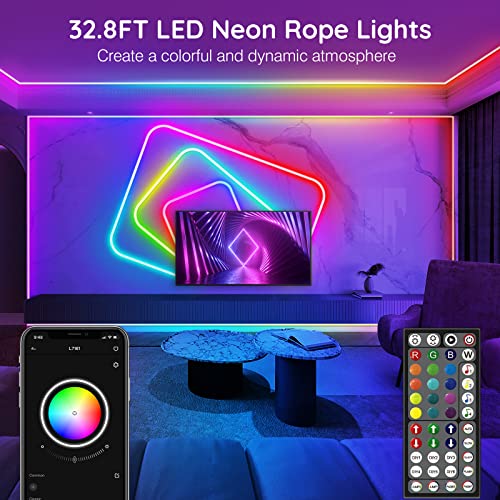 AILBTON 32.8FT Neon Rope Lights, RGB LED Strip Lights, Waterproof IP67 LED Lights for Bedroom, DIY Design, Music Sync, Remote Control, Multiple Modes for Bedroom - size: 32.8FT
