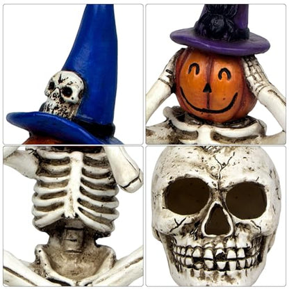 Halloween Skeleton Statue Set of 3, See Speak Hear No Evil Figurines - color: Pumpkin