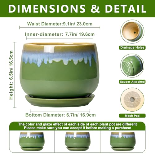 9 Inch Indoor Plant Pots - Ceramic Planters for Indoor Plants, Decorative Planter with Drainage and Saucer, Round Flower Pot, Porch Garden Office Decor, Gardening Gifts for Women, Green-Blue - size: 9 Inch, style: Green-blue