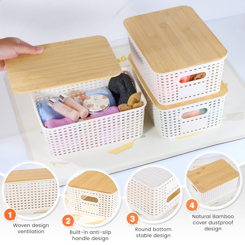 Ohmlove 6 Pack Plastic Storage Baskets with Bamboo Lids for Organization - color: Cream White