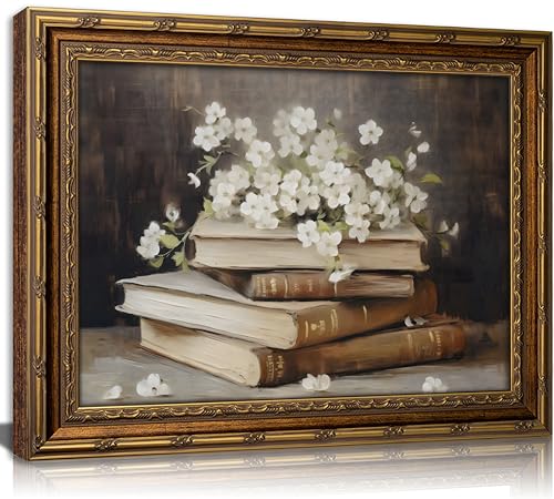 Vintage Gold Framed Wall Art Retro Moody Books and Flowers Oil Painting Canvas Print Dark Academia Decor Rustic Farmhouse Dark Floral Picture Poster Artwork for Study Library Office Bedroom - color: Book, size: 24"L x 16"W