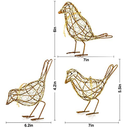 Artisan Bird Statues Trio - Table Decor Handmade Gold-Wire Woven - color: Gold