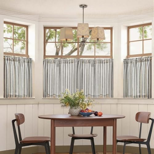 jinchan Linen Striped Tier Curtains for Kitchen Windows Farmhouse - color: Boho Black | on Linen, size: 26"W x 24"L (Pack of 2)