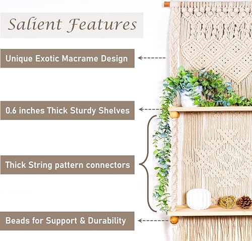 Macrame wall Hanging Shelf (Tier 2, Natural White) - size: Tier 2