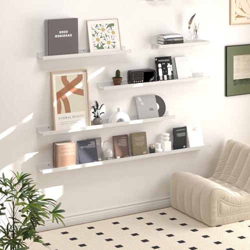 SAUMONIERES Picture Ledge Shelf Floating Book Shelves Set of 2 Wall Mounted Solid Wood for Bedroom Bathroom Living Room Kitchen, 24 Inch White - color: White, size: 24 inch