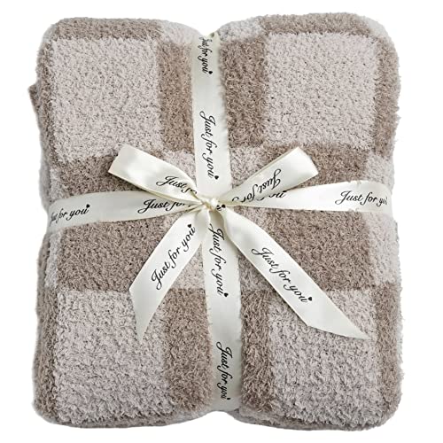 Ultra Soft Checkered Blanket Cozy Buffalo Check Throw Fluffy Knitted Reversible Throw Blanket Lightweight Fleece Checkerboard Grid Blanket for Sofa Couch Bed Travel, Linen/Warm Gray, 51''x63'' - color: Linen/Warm Gray