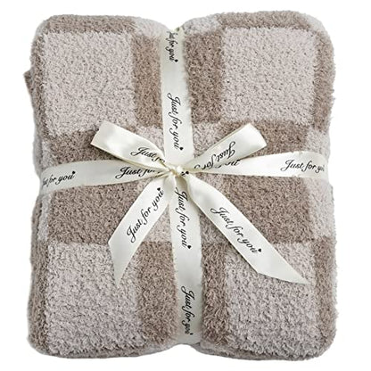 Ultra Soft Checkered Blanket Cozy Buffalo Check Throw Fluffy Knitted Reversible Throw Blanket Lightweight Fleece Checkerboard Grid Blanket for Sofa Couch Bed Travel, Linen/Warm Gray, 51''x63'' - color: Linen/Warm Gray