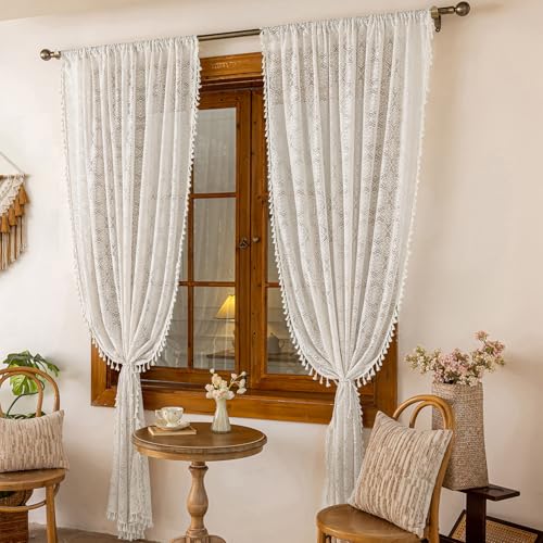 Sheer Boho Lace Curtains 72 Inches Long, Natural White, Set of 2 Panels - color: Natural White, size: 59"W x 72"L (Pack of 2)