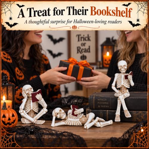 3 Piece Halloween Indoor Decor Figurines Sitting Skeleton Statue Halloween Decorations mini Reading Skull Figurine Home Decor for Living Room Table Shelf Ornament