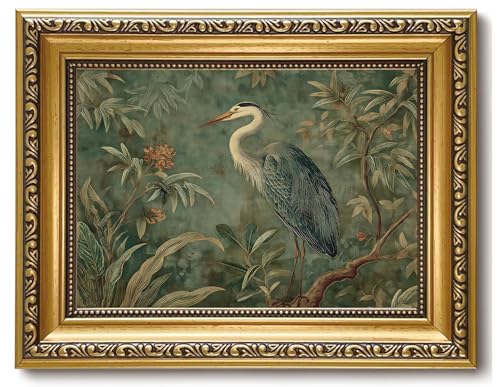 Vintage Gold Framed Blue Heron Wall Art Botanical Bird Canvas Print 8x10in - color: bird, size: 10"L x 8"W