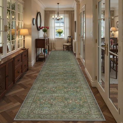 Washable 2'6" x 10' Runner Rug, Floral Green Rug Runner,Dark Green - color: Dark Green, size: 2'6" x 10' (Runner)