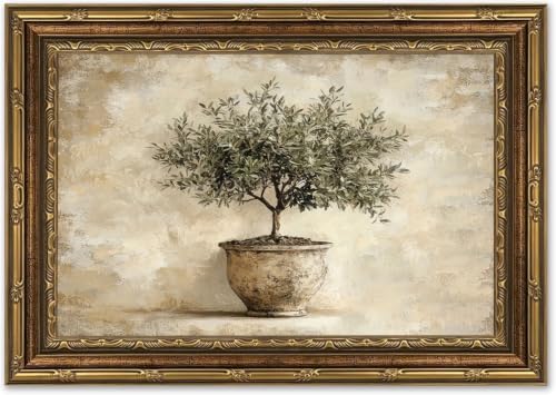 Vintage Gold Framed-Olive Tree Canvas Wall Art,Rustic Potted Botanical Poster Prints,Country Farmhouse Neutral Still Life Painting Picture Wall Decor for Living Room Kitchen 16x24in - color: Olive tree, size: 24"L x 16"W