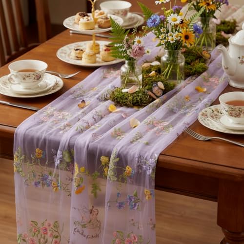 Purple Floral Table Runner 10ft Embroidery Tulle Spring Wildflower Gauze Table Runner Seasonal Summer Butterfly Kitchen Dining Decoration for Wedding Baby Shower Birthday Party (1 Pcs) - color: Purple