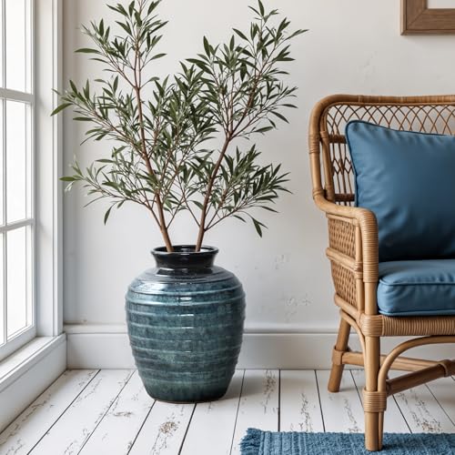 LuxenHome 16'' Rippled Blue Round Ceramic Vase