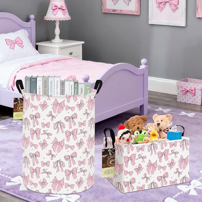 Rectangle Foldable Storage Basket Handles For Home, Pink Bow - color: REC-Pink Bow