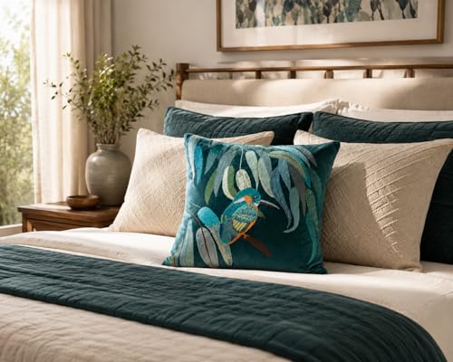 Dorii Embroidered Throw Pillow Covers 18x18, Cotton Velvet Decorative Pillow Cover, Bird & Botanical Cushion Cover with Hidden Zipper, Accent Pillow for Sofa, Couch, Bed & Living Room