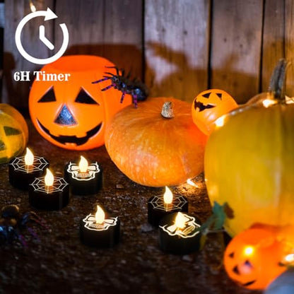 GenSwin Skull Spiderweb Halloween Flameless Candles Battery Operated Timer - color: 12-Black