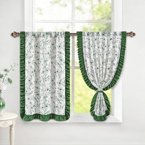 Yinhua Green Floral Kitchen Curtains 36 Inch with Ruffle and Tieback, Vintage French Linen Kitchen Window Curtains Over Sink, Light Filtering Rod Pocket Small Cafe Curtain, 26" W x 36" L, 2 Panels - color: Green, size: 26"W x 36"L (Pack of 2)