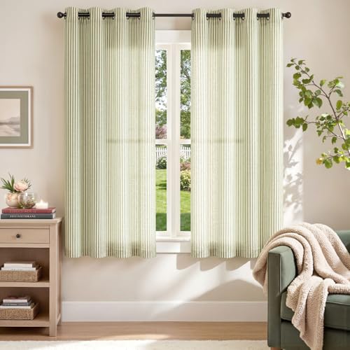 jinchan Linen Curtains 63 Inch Sage Green Stripe on Linen Grommet 2 Panels - color: Sage Green on Linen, size: 50"W x 63"L (Pack of 2)