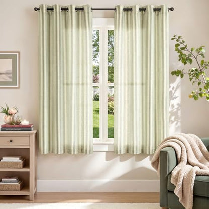jinchan Linen Curtains 63 Inch Sage Green Stripe on Linen Grommet 2 Panels - color: Sage Green on Linen, size: 50"W x 63"L (Pack of 2)