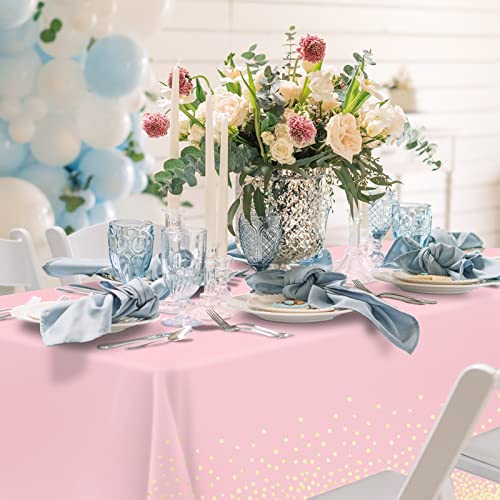Mulbozy 2 Pcs Pink Tablecloth 54"×108" Gold Dot Pink Table Cloth, Pink Disposable Plastic Tablecover for Birthday, Baby Shower, Picnic, Camping, Event & Parties… - color: Gold Dot-pink, size: 54" X 108" Rectangle