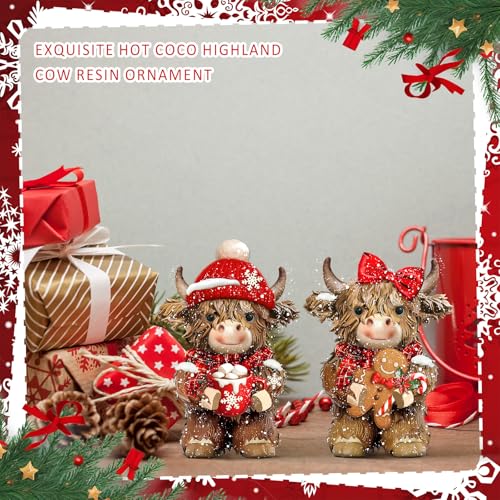 2 Pcs Christmas Highland Cow Figurines Decor, Christmas Cow Gifts - style: Christmas Snowflakes