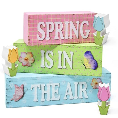 6 Pcs Spring Table Decorations Tulip Flower Wooden Block Signs Tabletop Centerpieces Farmhouse Distressed Easter Decor for Home Kitchen Shelf Tiered Tray Decor