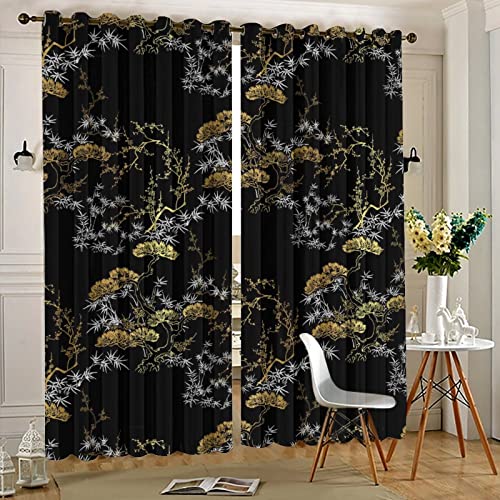 Cool Japanese Grommet Blackout Curtains for Living Room,Room Darkening Modern Black Gold Japanese Chinese Pine Pattern Window Drapes,2 Panels 45L x 21W - color: Cool Japanese, size: 42"W x 45"L (Pack of 1)