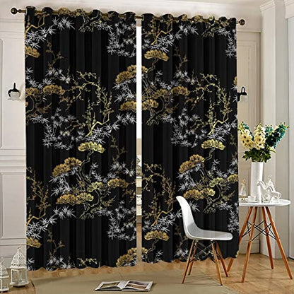 Cool Japanese Grommet Blackout Curtains for Living Room,Room Darkening Modern Black Gold Japanese Chinese Pine Pattern Window Drapes,2 Panels 45L x 21W - color: Cool Japanese, size: 42"W x 45"L (Pack of 1)