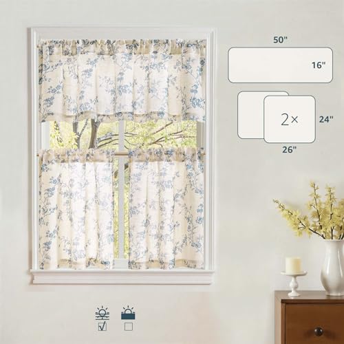jinchan Blue Linen Floral Kitchen Tier Curtains and Valance Set 3 Pieces - color: Alisa | Blue on Linen, size: 26"W x 24"L (Pack of 3)