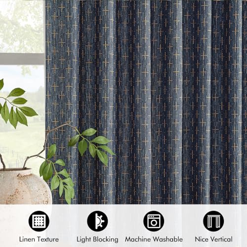 MIULEE Patterned Farmhouse Linen Curtains, Back Tab, 52Wx90L, Blue - color: Blue, size: 52"W x 90"L (Pack of 2)