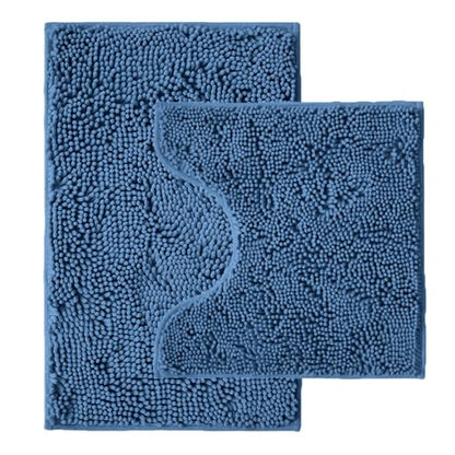 Bathroom Rugs Sets 2 Piece,Super Absorbent Chenille Bath Mats and U-Shaped Toilet Rug,Strong PVC Non Slip Backing,Microfiber Washable Dry Quickly Bath Mats for Bathroom(20"x32"+20"x20"U, Medium Blue) - color: Medium Blue
