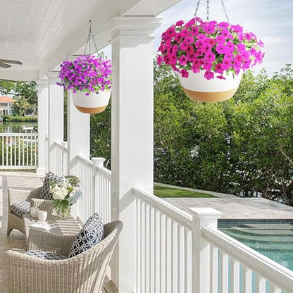 Koalaime 2 Pack Hanging Planters Set,10 Inch Indoor Outdoor Hanging Plant Pot Basket,Hanging Flower Pot with Drainage Hole with 3 Hooks for Garden Home(Purple Hanger White Planters) - color: Purple Hanger White Planters