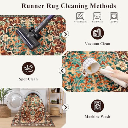 U'Artlines 2' x 7' Boho Hallway Runner Rug, Washable Carpet, Rust＆Teal - color: Rust＆teal, size: 2' x 7' (Runner)