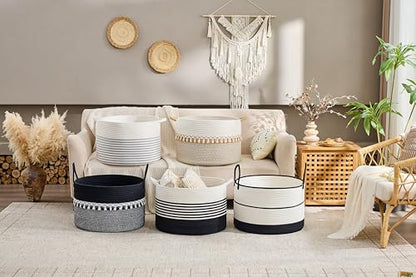 KAKAMAY Large Blanket Basket with Handles, Storage Basket for Living Room - color: Black and Beige