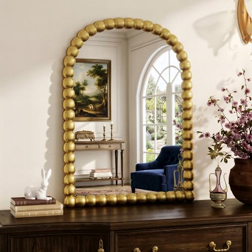 24"×36" Gold Arched Wall Mounted Mirror, Vintage Beaded Decorative - color: Gold, size: 36"L x 24"W