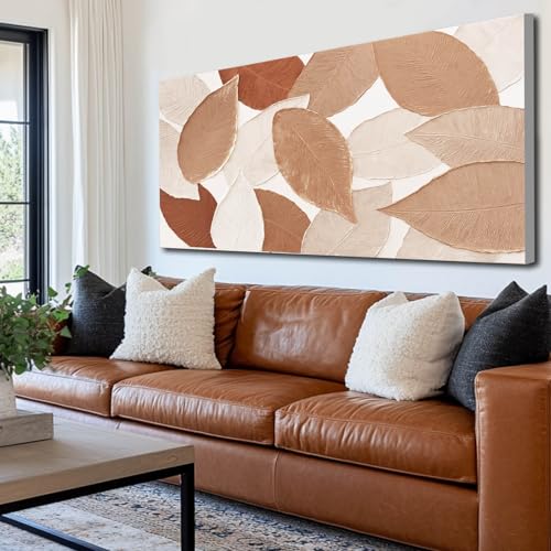 Beige Canvas Wall Art Abstract Leaves Art Wall Decor Large Framed Textured Plant Pictures for Living Room Bedroom Office 29x58 Inch Hand Painted - color: Leaves, size: 58"L x 29"W