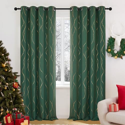 Deconovo Black Out Curtains 95 Inch Long, Curtains for Living Room Bedroom - color: Dark Forest Green/Dots and Line, size: 52"W x 95"L (Pack of 2)