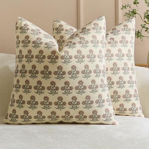 Vintage Floral Pillow Covers 20x20 Set of 2 Farmhouse Block Print Decorative Throw Pillow Covers Rustic Cushion Covers Neutral Accent Couch Pillows for Living Room Sofa Bed Decor Dusty Rose - color: Vintage Pink, size: 20" x 20" (Pack of 2)