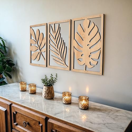 qmmp Modern Wooden Wall Sculptures - Set of 3 - Home Decor Accent - Large Wall Art for Living Room, Bedroom, Office - Easy Installation (Oak, Medium - Tree Leaves) - color: Oak, size: Medium - Tree Leaves