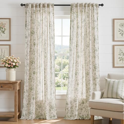 jinchan Linen Curtains 96 inch Green Floral Farmhouse Rod Pocket 2 Panels - color: Amlie Green, size: 50"W x 96"L (Pack of 2)
