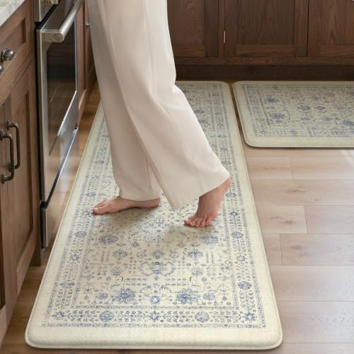 KIMODE Anti Fatigue Mats for Kitchen Floor Comfort Cushioned Rugs Sets of 2 - color: Vintage Blue, size: 20"x47"+20"x32"--0.47 inches