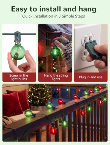 25Ft G40 LED Red Green Outdoor String Lights, 27 Shatterproof Globe Bulbs - color: Red/Green, size: 25Ft