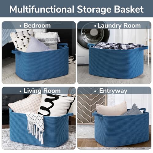 Goodpick Large Woven Rope Blanket Basket, Rectangle, Dark Blue - color: Dark Blue, size: Large(21.6"L x 14.9"W x 11.8"H)