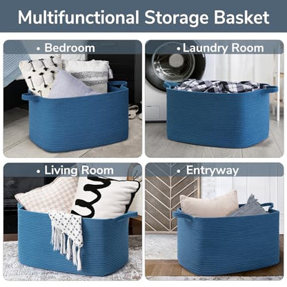 Goodpick Large Woven Rope Blanket Basket, Rectangle, Dark Blue - color: Dark Blue, size: Large(21.6"L x 14.9"W x 11.8"H)