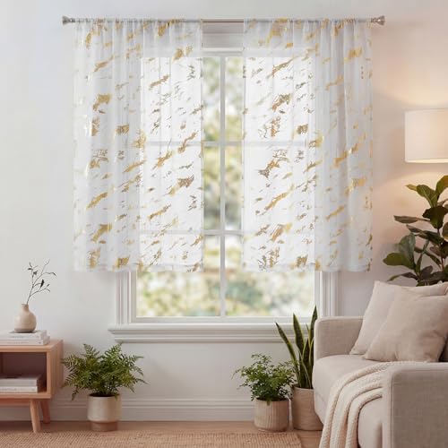 Horaldaily 2Pcs White Tier Curtains for Window 52x36in, Gold Sequin Marble - color: White and Gold, size: 52"W x 36"L (Pack of 2)