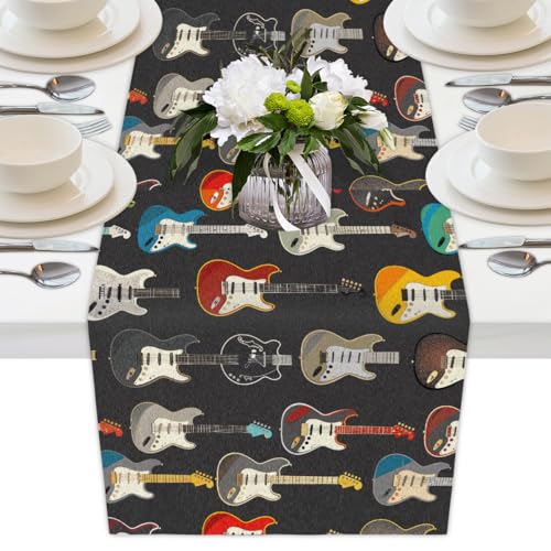 AUUXVA Table Runner Music Guitar Pattern Durable Luxury Dresser Scarf Tabletop Cloth for Wedding Dining Table Holiday Party Kitchen Home Decoration 13x70in - color: Guitar Pattern, size: 13x70(in)