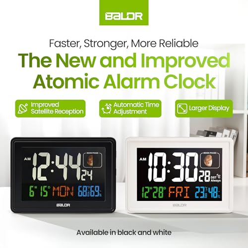 Baldr Digital Alarm Atomic Clock, 7'' Display with Adjustable Brightness - color: Black